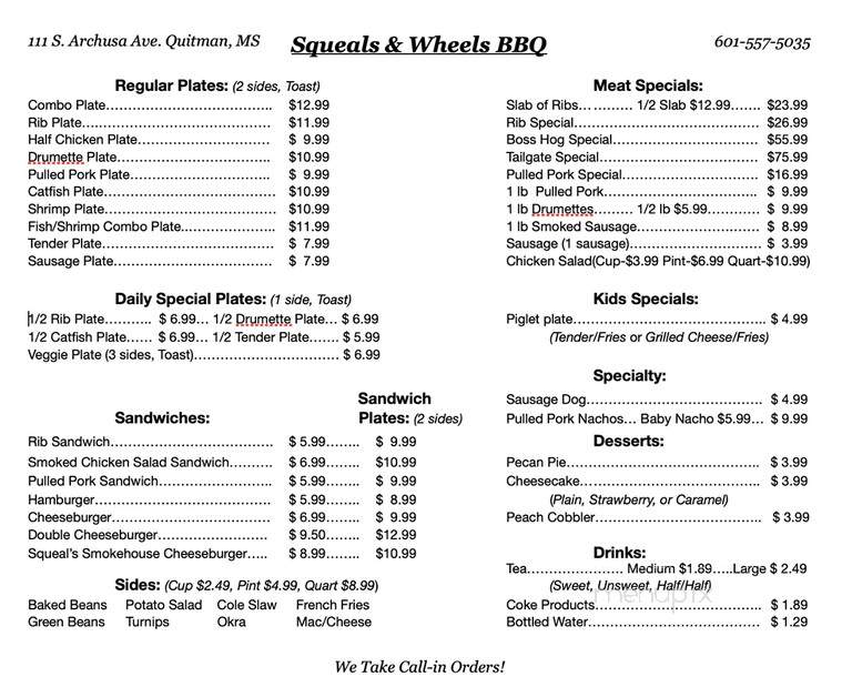 Squeals & Wheels BBQ - Quitman, MS menu_pic