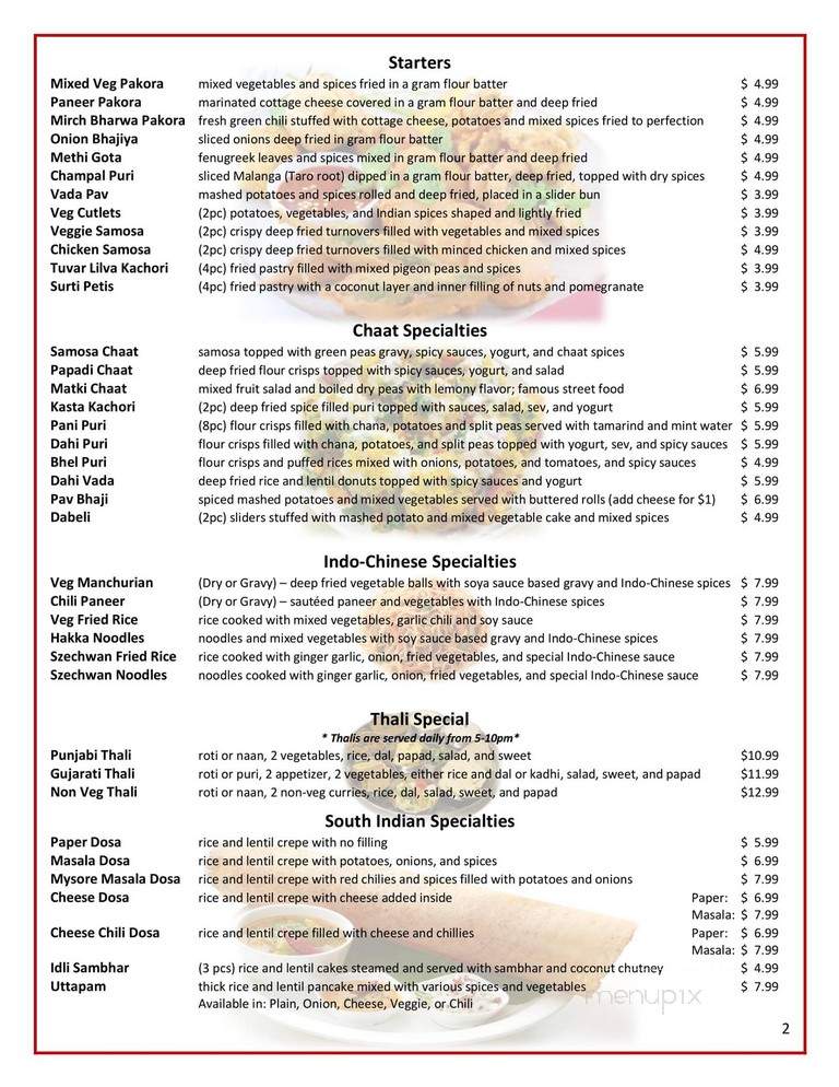 Surti Dhaba Indian Street Cafe - Valdosta, GA menu_pic