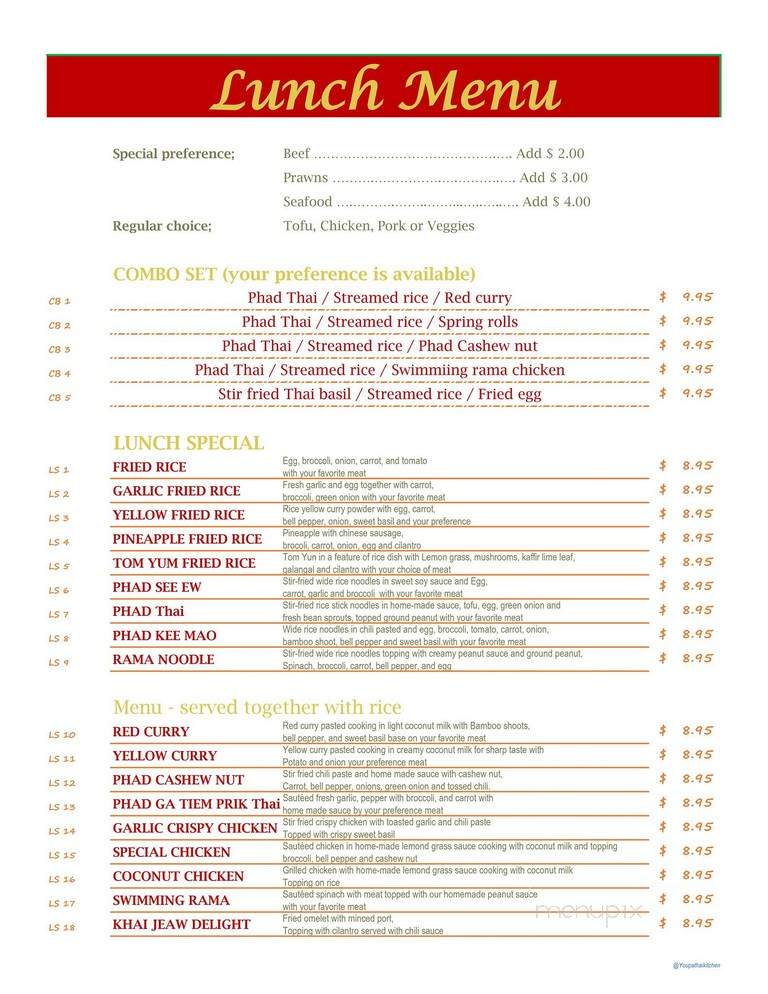 Youpa's Thai Kitchen - Kent, WA menu_pic