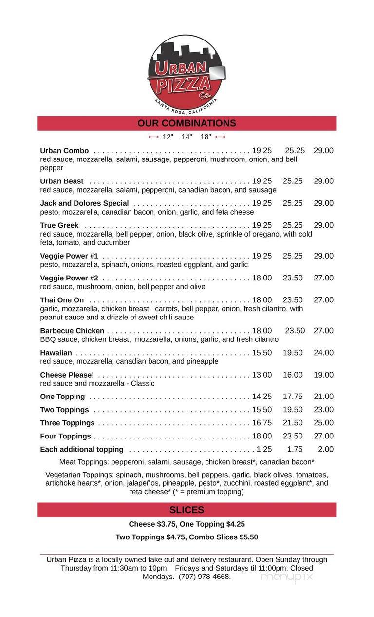 Urban Pizza - Santa Rosa, CA menu_pic
