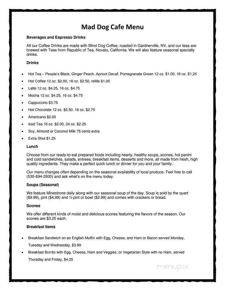 Mad Dog Cafe - Markleeville, CA menu_pic