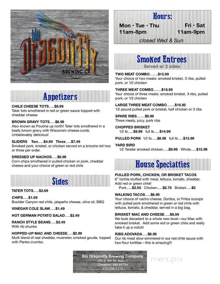 Menu Of Blu Dragonfly Brewing And Smokehouse In Cimarron Nm