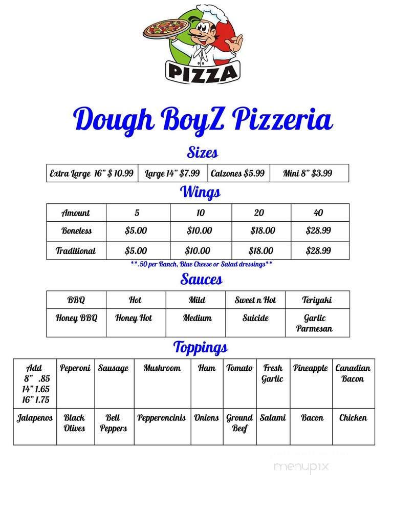 Menu of Dough Boyz Pizzeria in Prescott Valley, AZ 86314