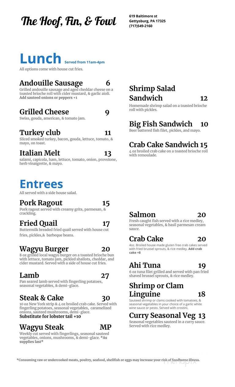 The Hoof, Fin & Fowl - Gettysburg, PA menu_pic