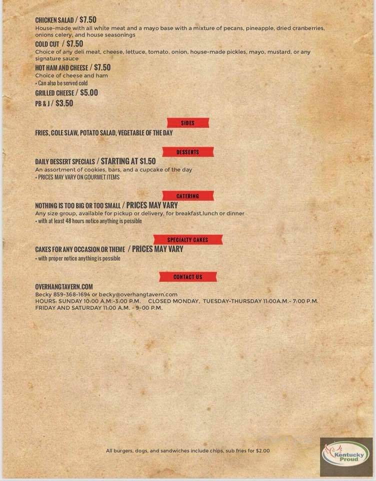 Overhang Tavern - Campton, KY menu_pic