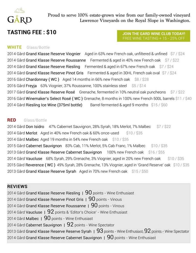 Gard Vintners Walla Walla Wine Tasting Room - Walla Walla, WA menu_pic