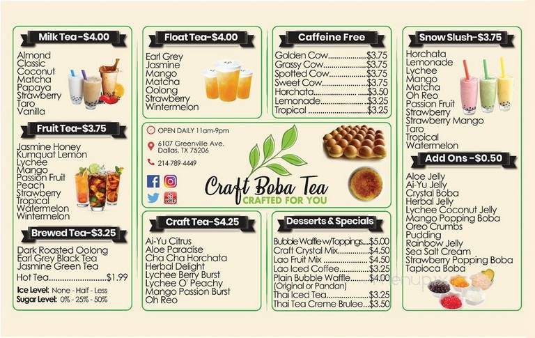 Menu Of Craft Boba Tea In Dallas Tx 75206