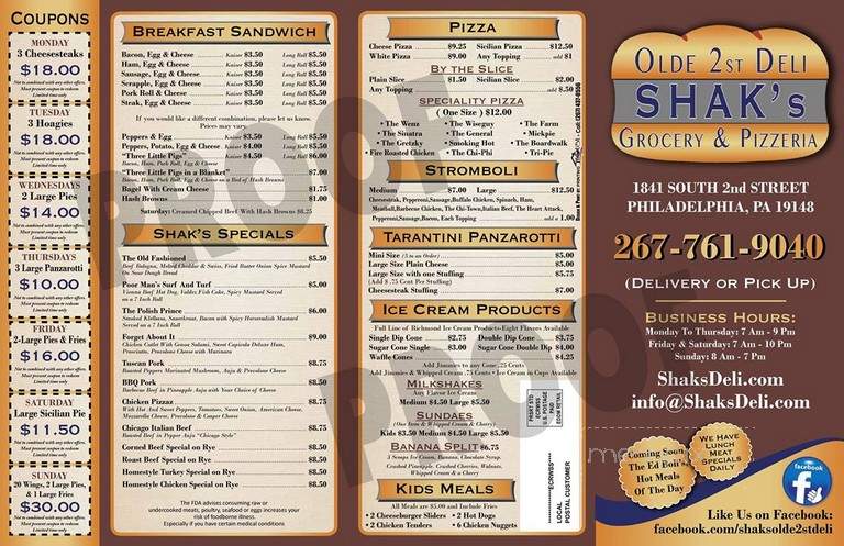 Shaks Olde 2St Deli, Grocery & Pizzeria - Philadelphia, PA menu_pic