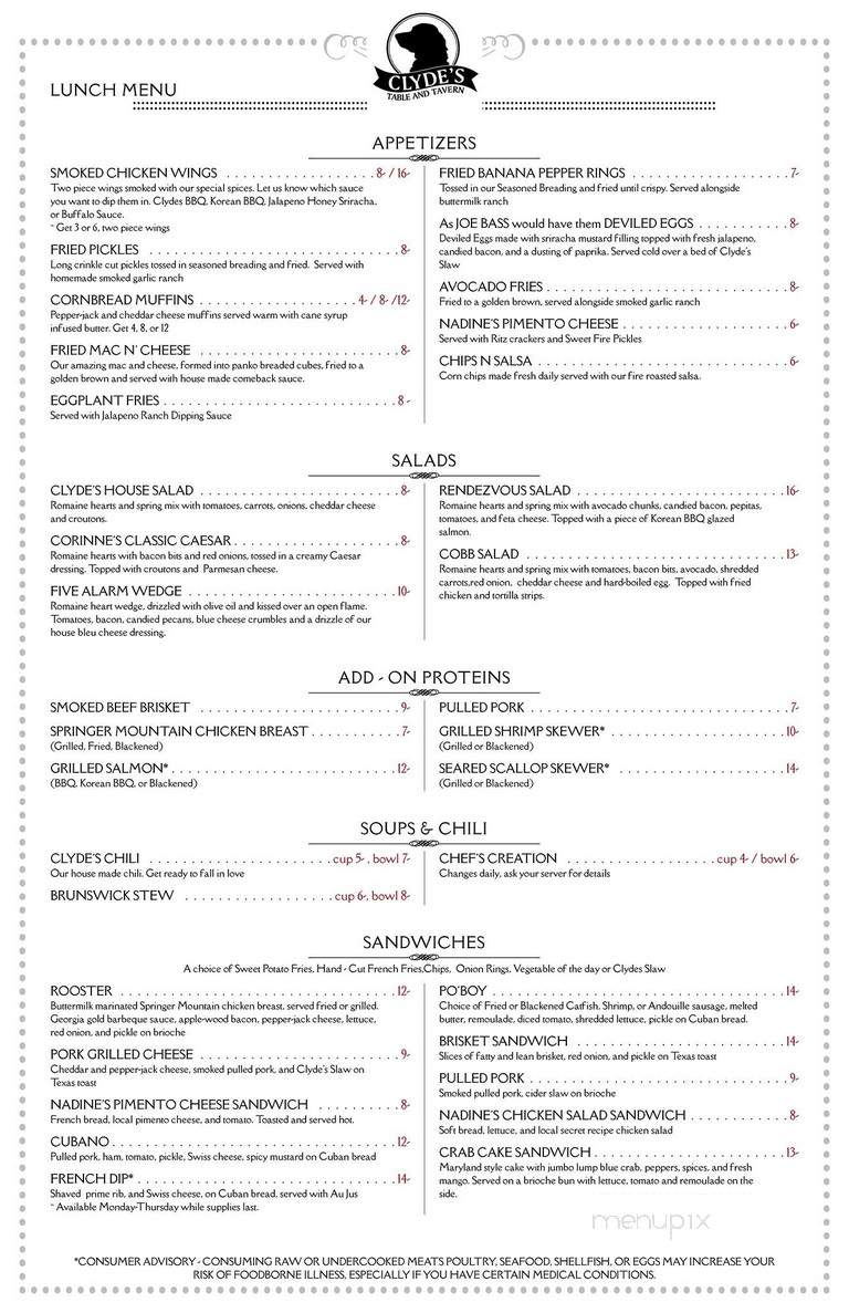 Clyde's Table and Tavern - Cleveland, GA menu_pic