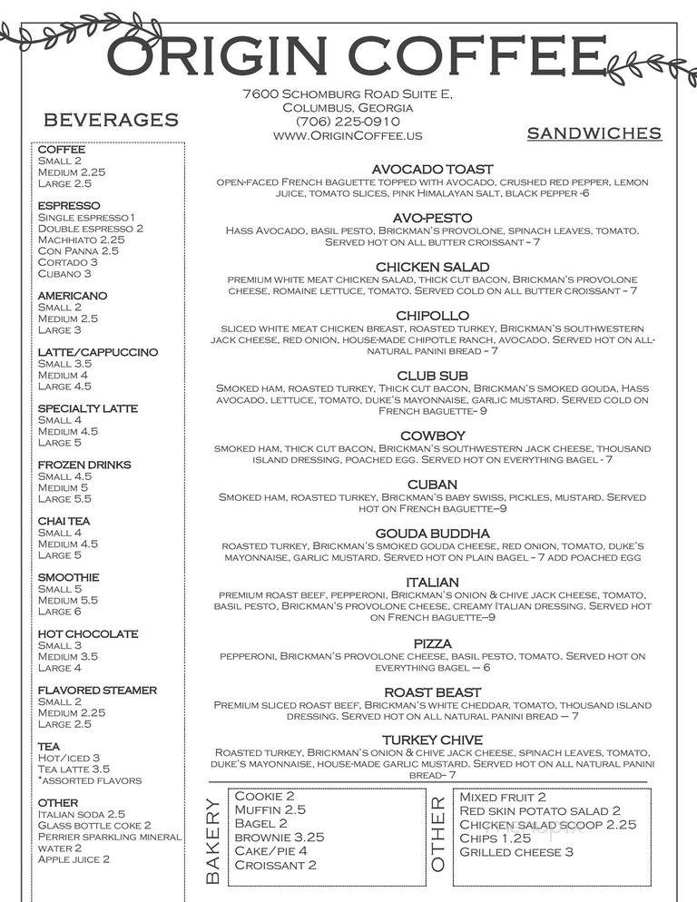 Origin Coffee - Columbus, GA menu_pic
