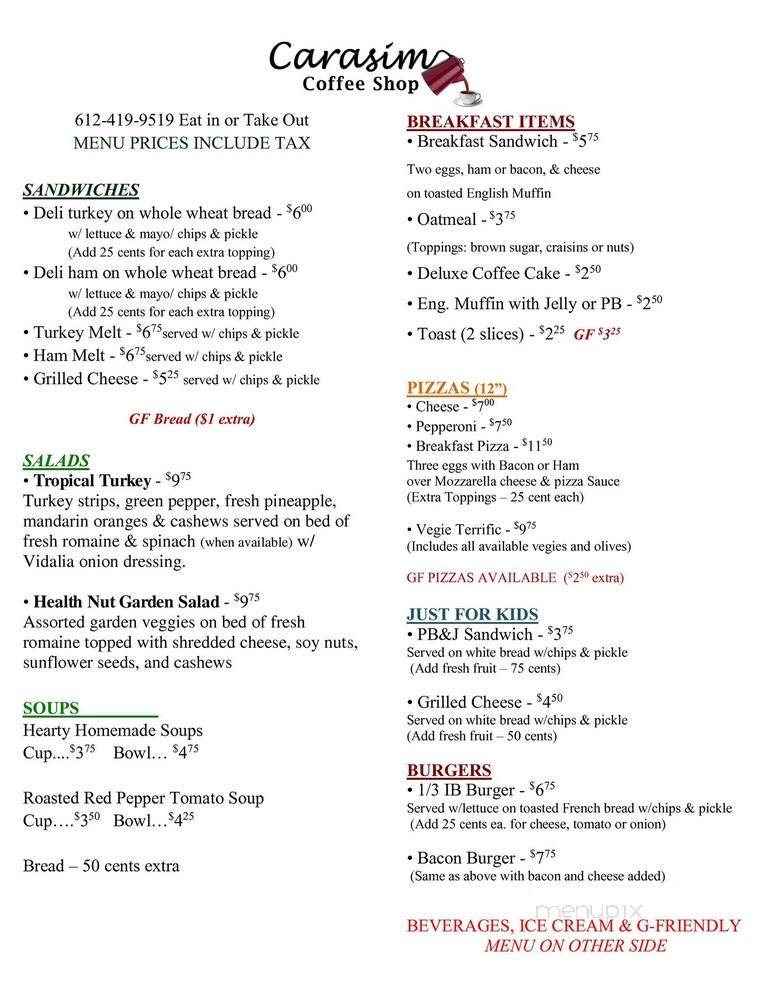 Carasim Coffee Shop - Jordan, MN menu_pic