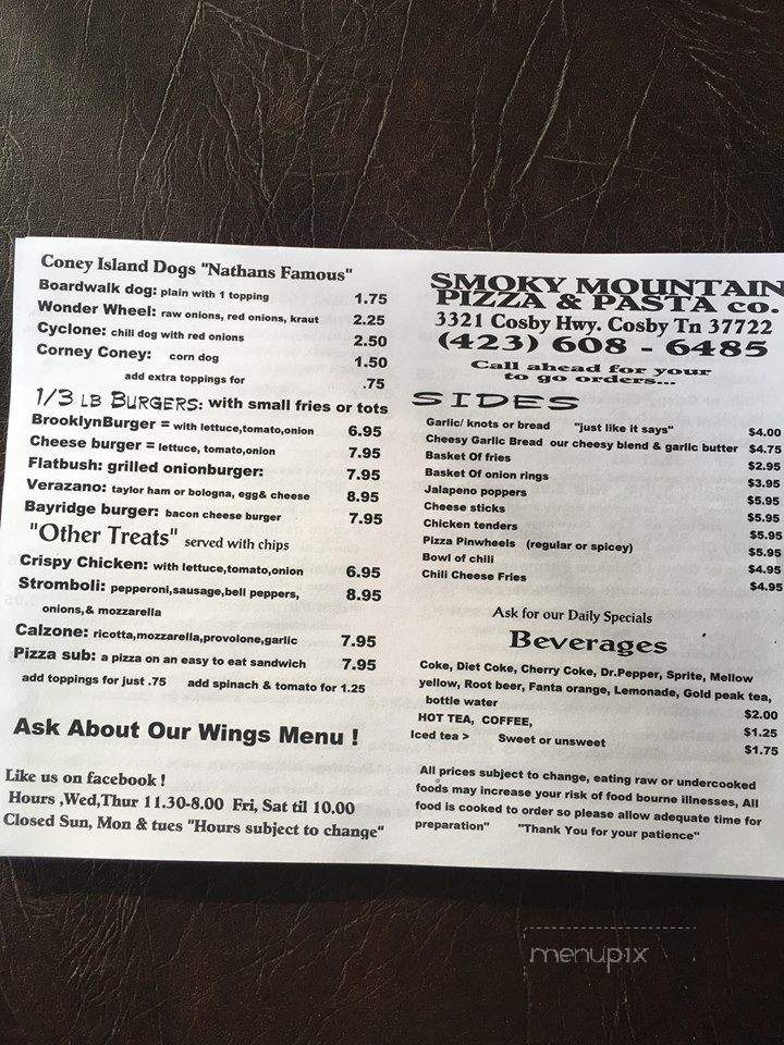 Smoky Mountain Pizza & Pasta - Cosby, TN menu_pic