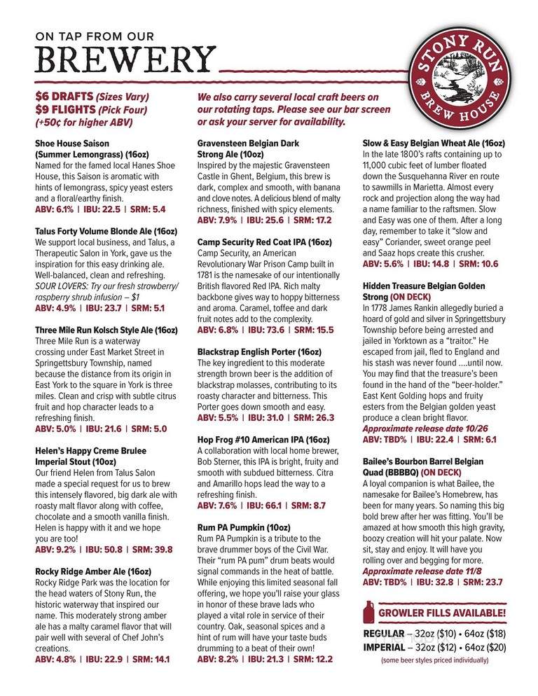 Stony Run Brew House - York, PA menu_pic