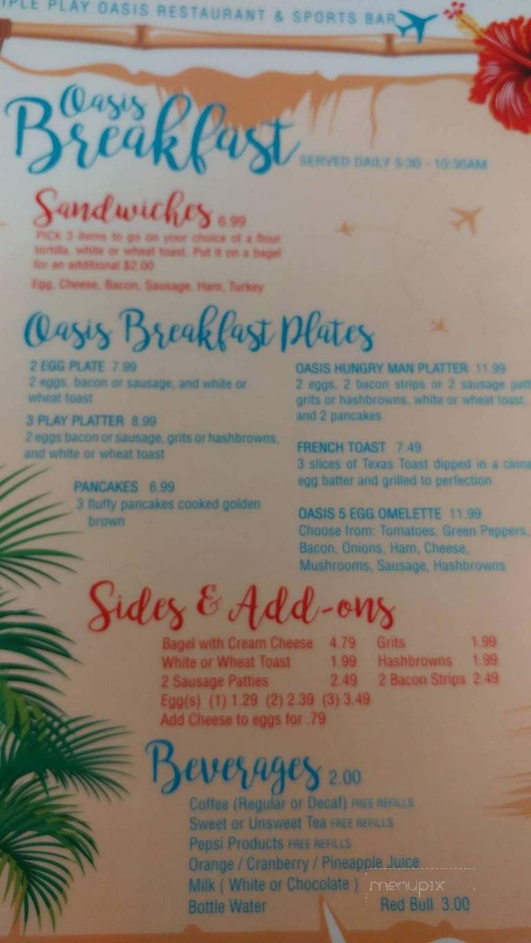 Triple Play Oasis Restaurant and Sports Bar - New Bern, NC menu_pic