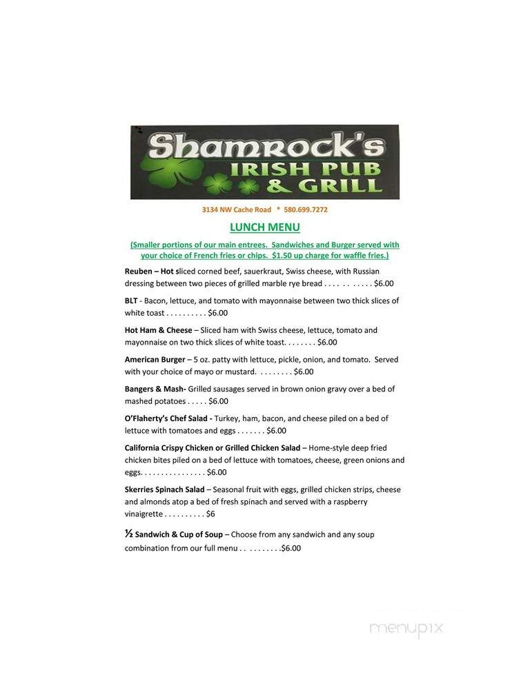 Shamrock's Irish Pub & Grill - Lawton, OK menu_pic