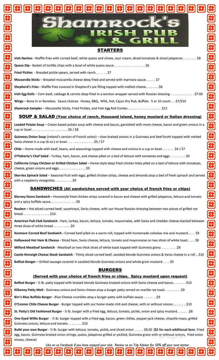 Shamrock's Irish Pub & Grill - Lawton, OK menu_pic