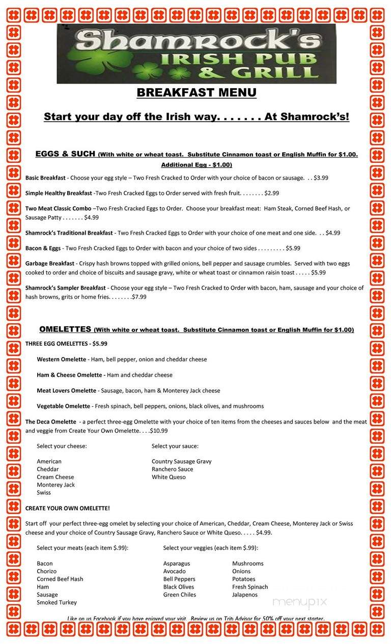 Shamrock's Irish Pub & Grill - Lawton, OK menu_pic