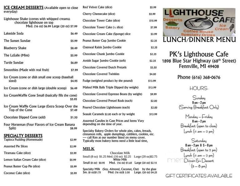 PK's Lighthouse Cafe - Fennville, MI menu_pic