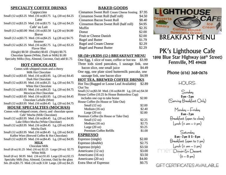 PK's Lighthouse Cafe - Fennville, MI menu_pic