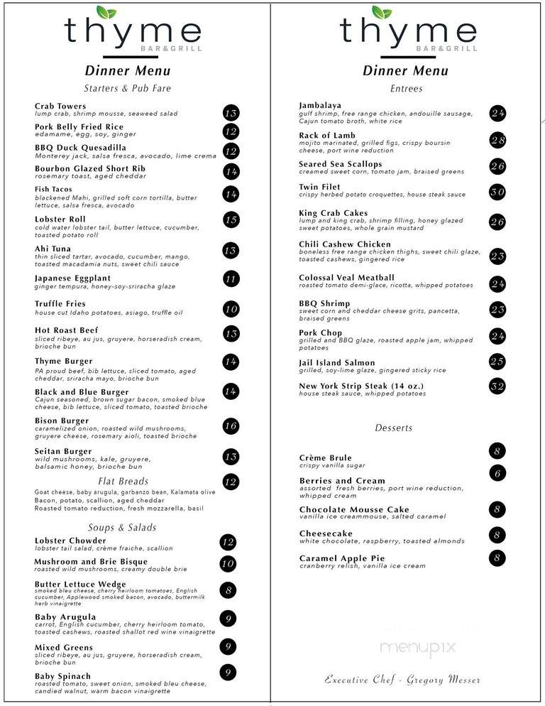 Thyme Bar & Grill - Newtown, PA menu_pic