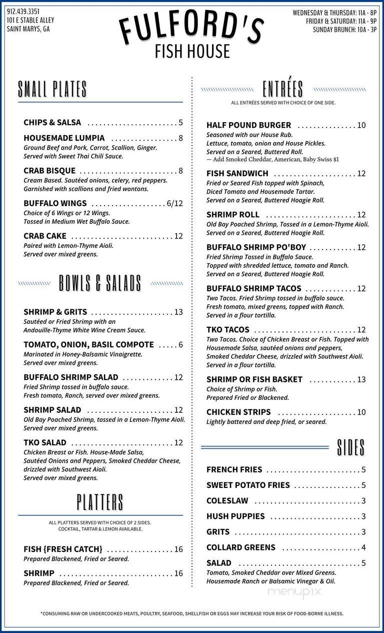 Fulfords Fish House - St Marys, GA menu_pic