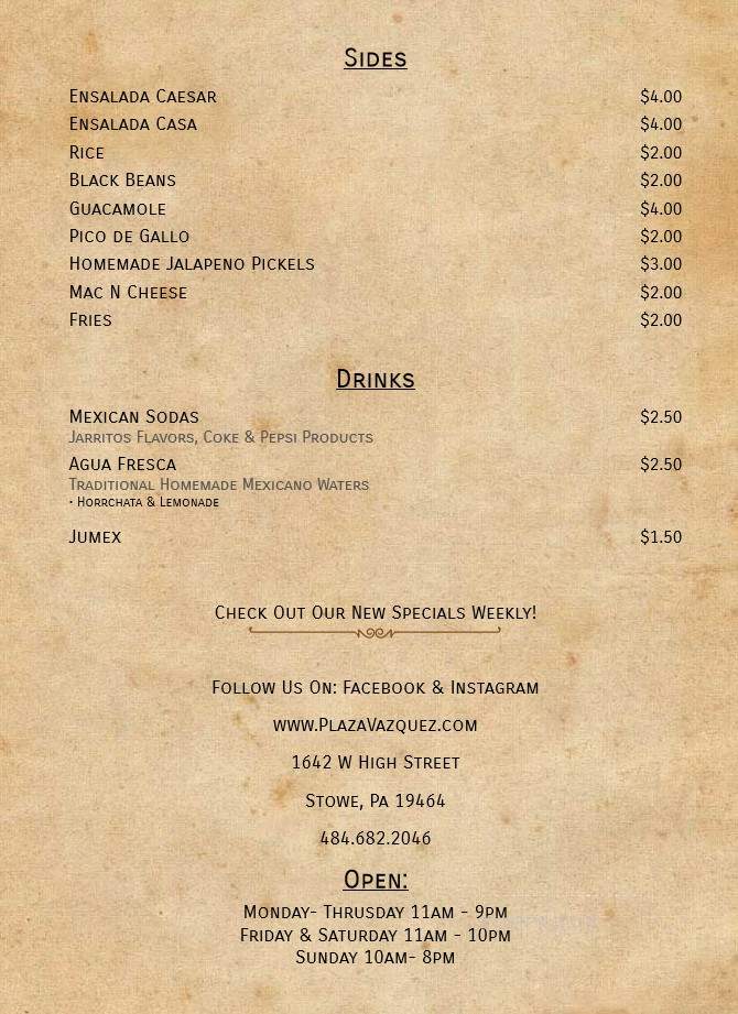 Plaza Vazquez - Stowe, PA menu_pic