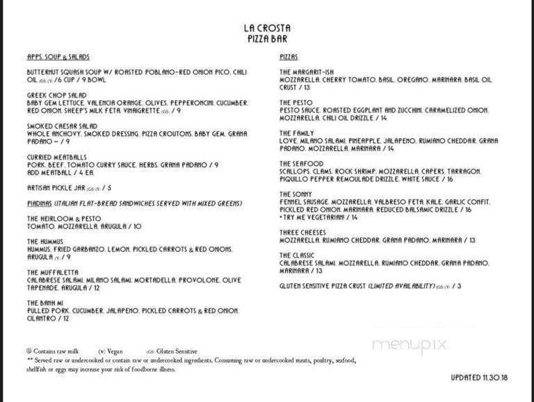 La Crosta Pizza Bar - West Sacramento, CA menu_pic