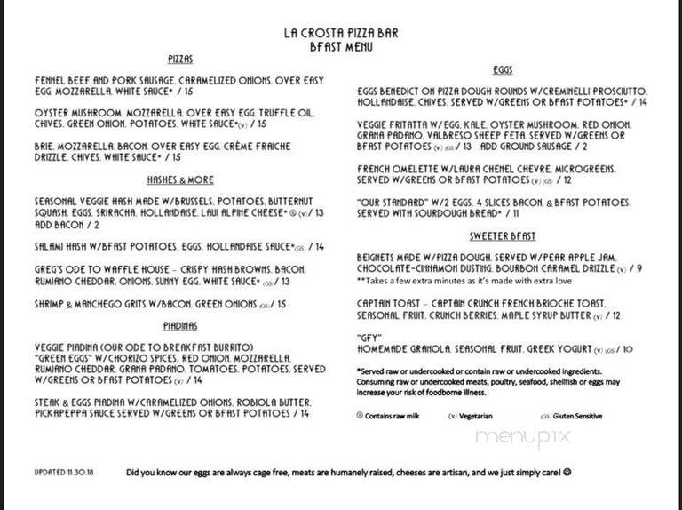 La Crosta Pizza Bar - West Sacramento, CA menu_pic