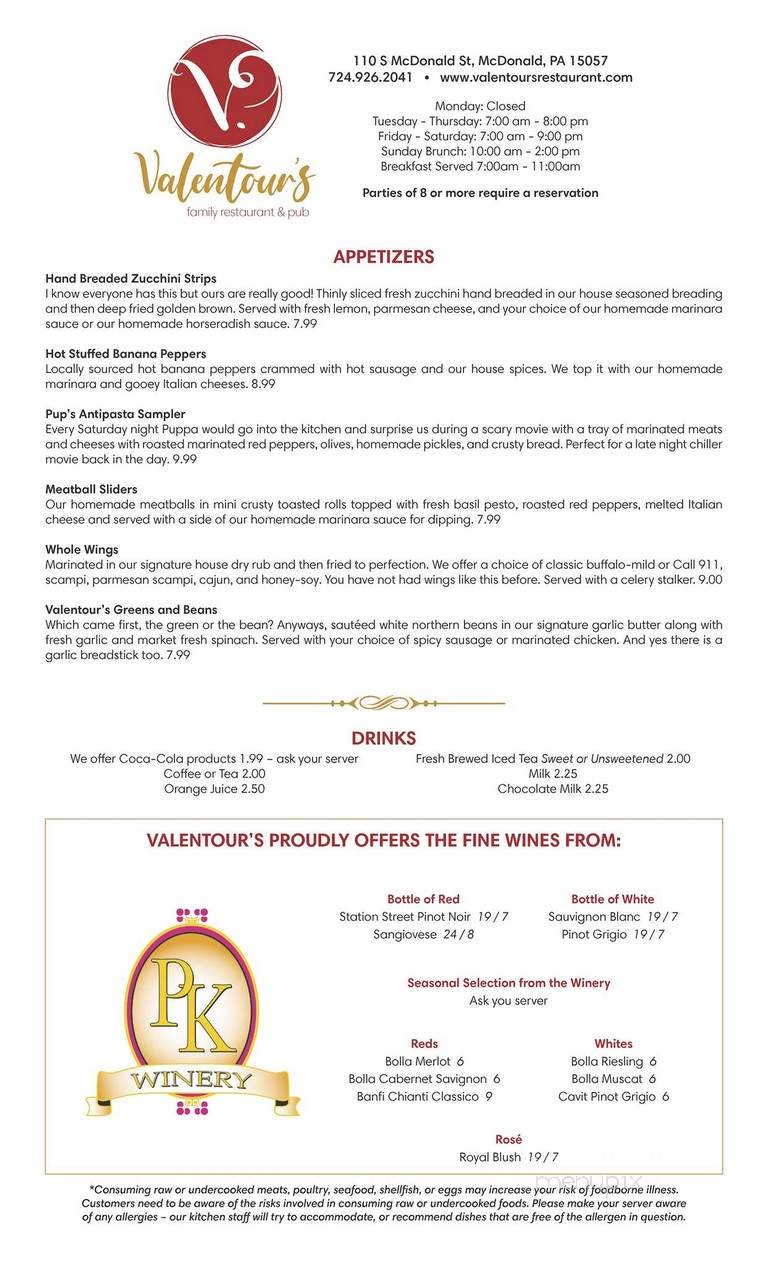 Valentour's Family Restaurant and Pub - McDonald, PA menu_pic