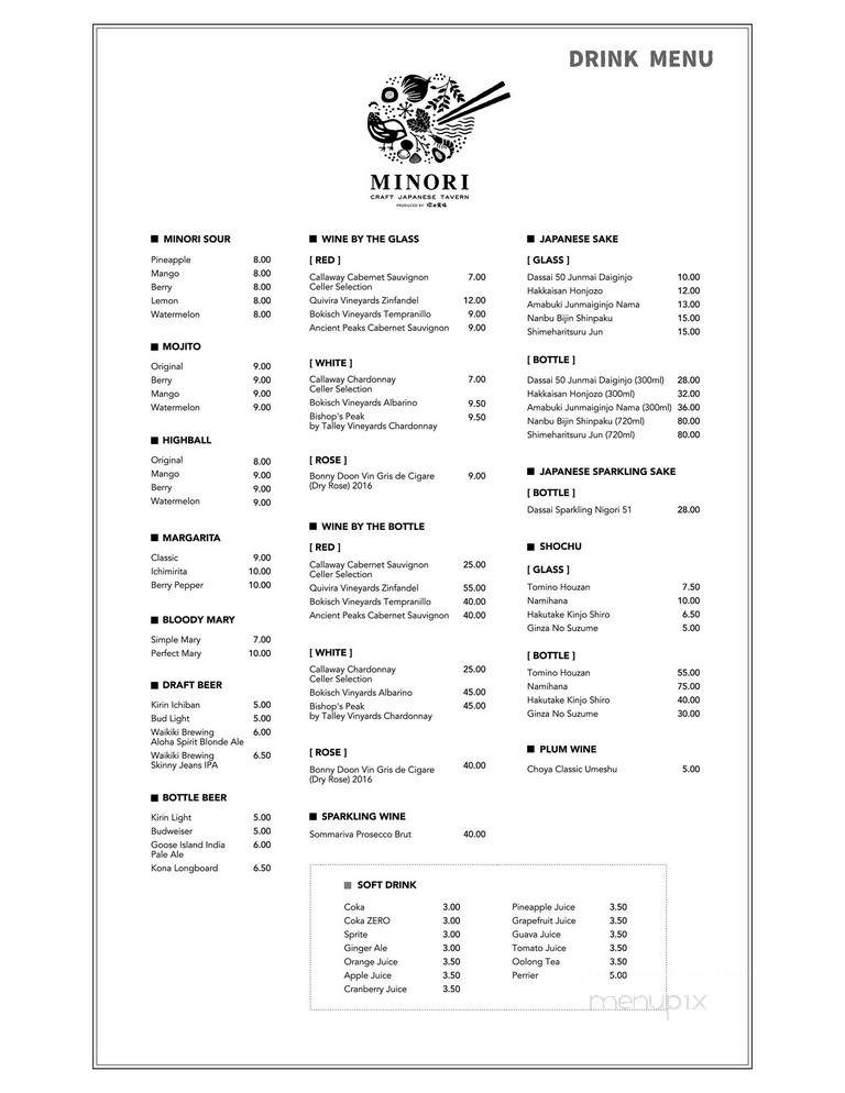 Minori Craft Japanese Tavern - Honolulu, HI menu_pic