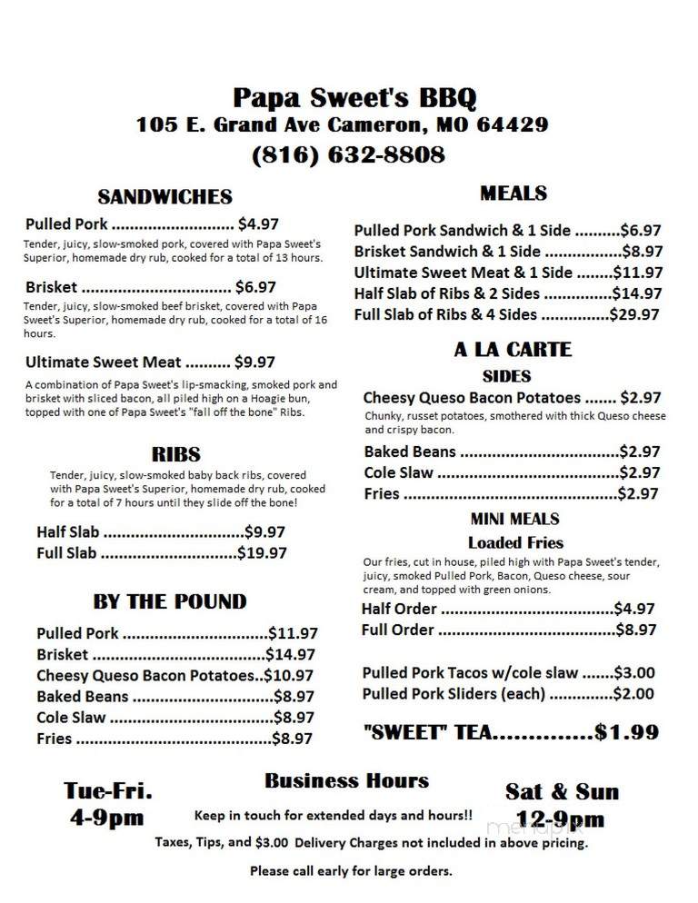 Papa Sweet's Grill and Bar - Cameron, MO menu_pic