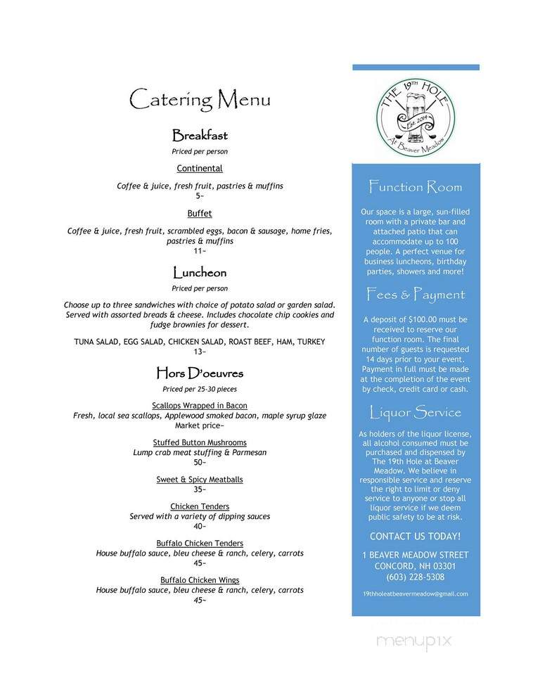 The 19th Hole At Beaver Meadow - Concord, NH menu_pic