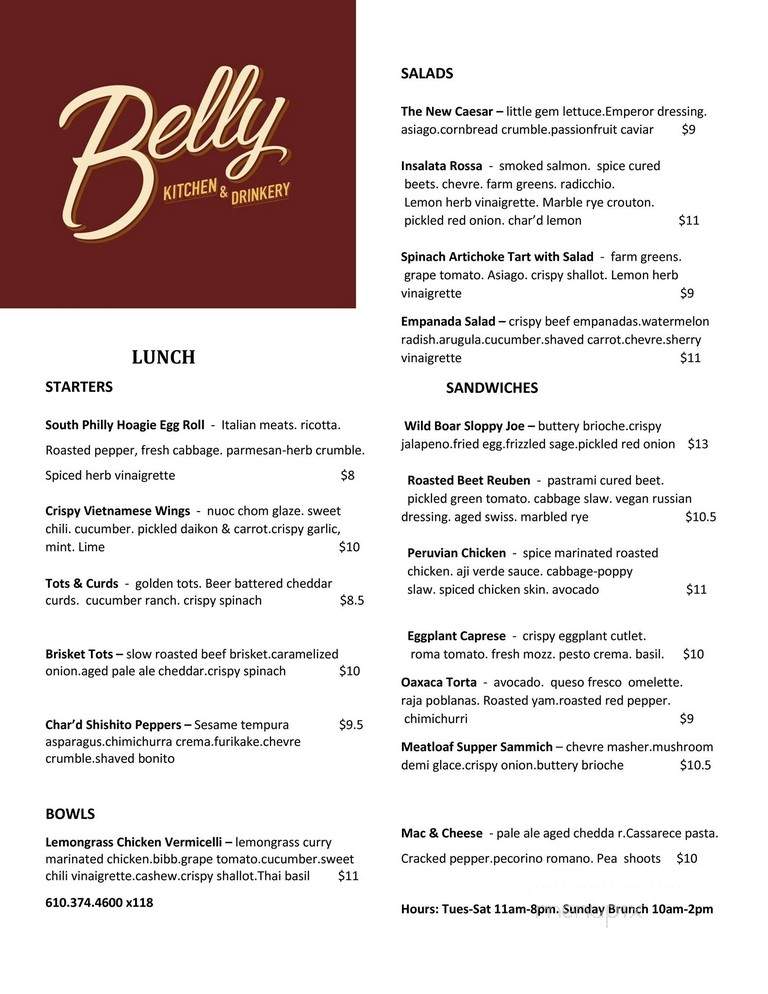 Belly Kitchen and Drinkery - Reading, PA menu_pic