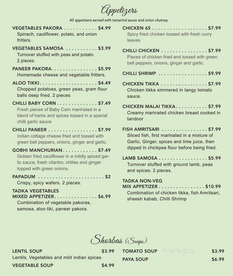 Tadka Indian Grille - Cary, NC menu_pic