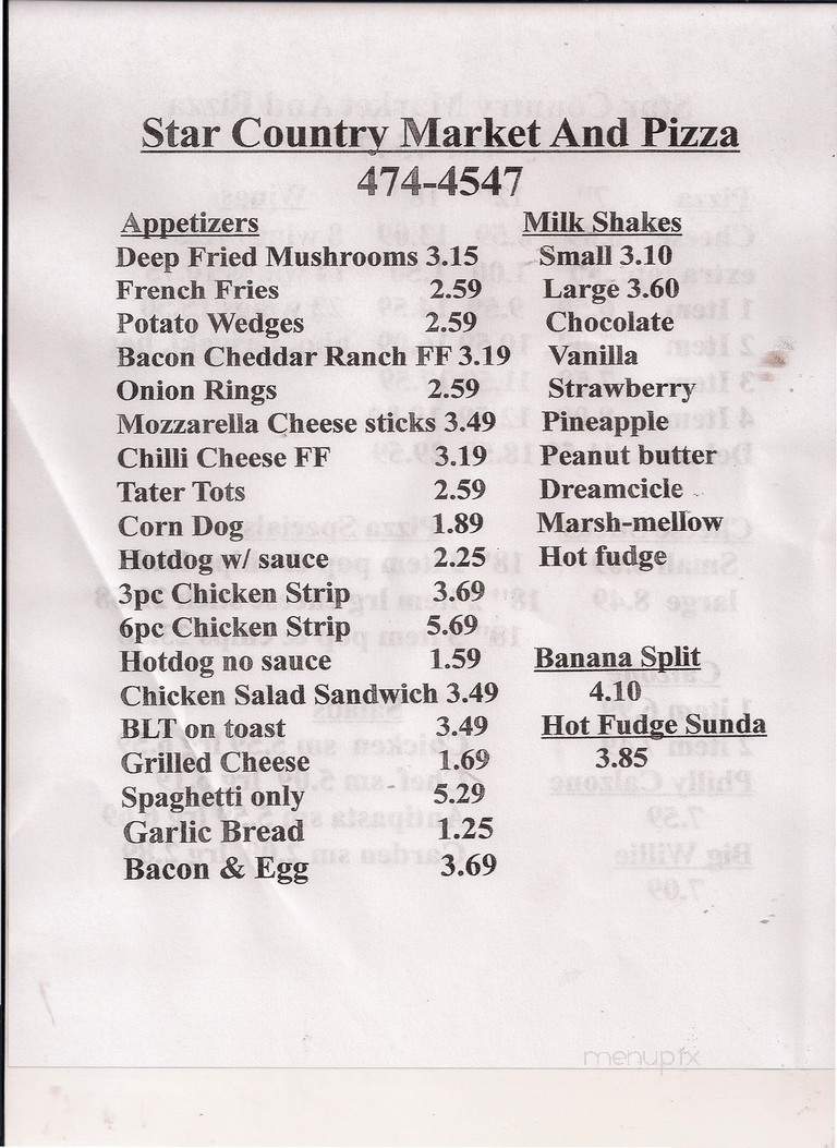 Menu of Star Country Market and Pizza in Rush, KY 41168