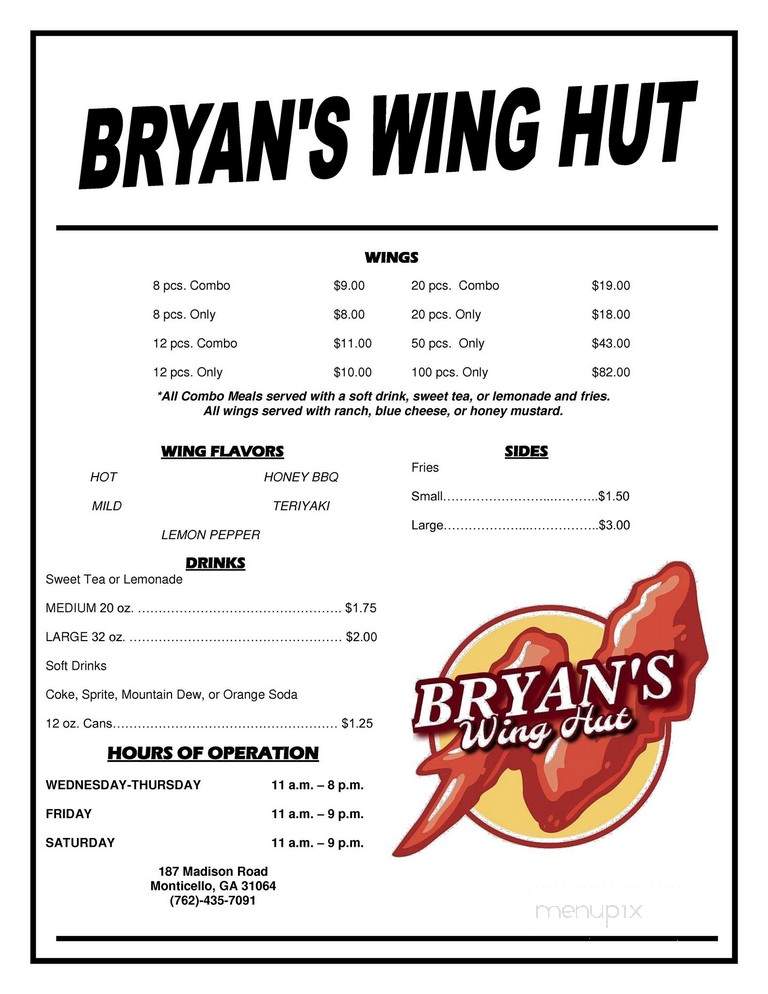 Bryan's Wing Hut - Monticello, GA menu_pic