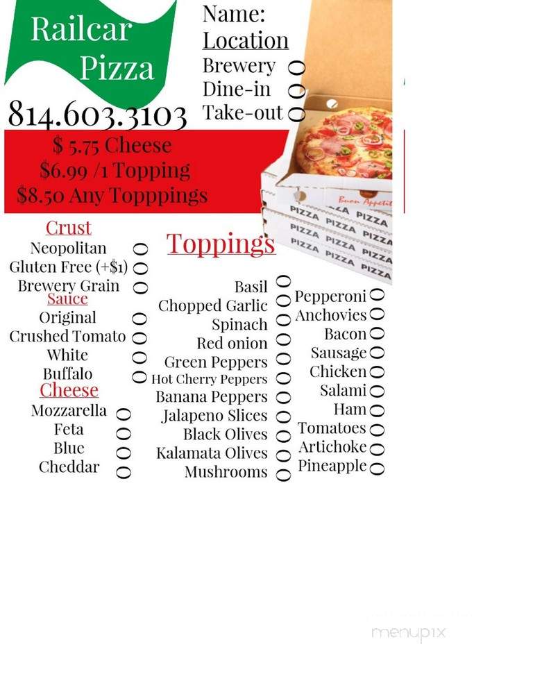 Railcar Pizza - DuBois, PA menu_pic