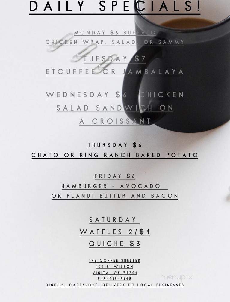 The Coffee Shelter - Vinita, OK menu_pic
