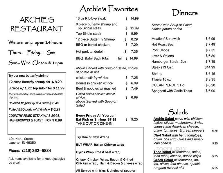 Archie's Restaurant - La Porte, IN menu_pic