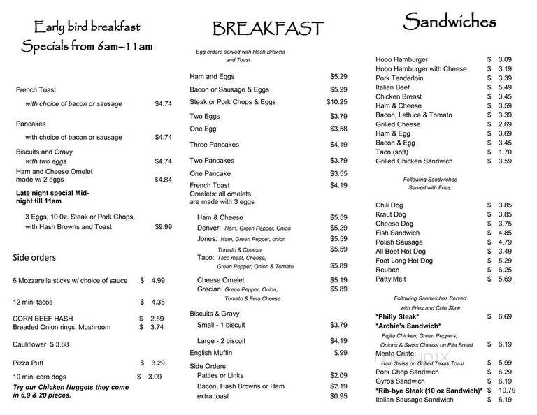 Archie's Restaurant - La Porte, IN menu_pic