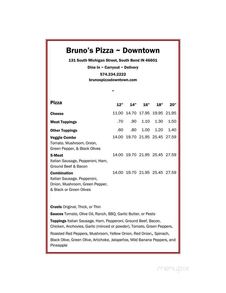 Bruno's Pizza - South Bend, IN menu_pic