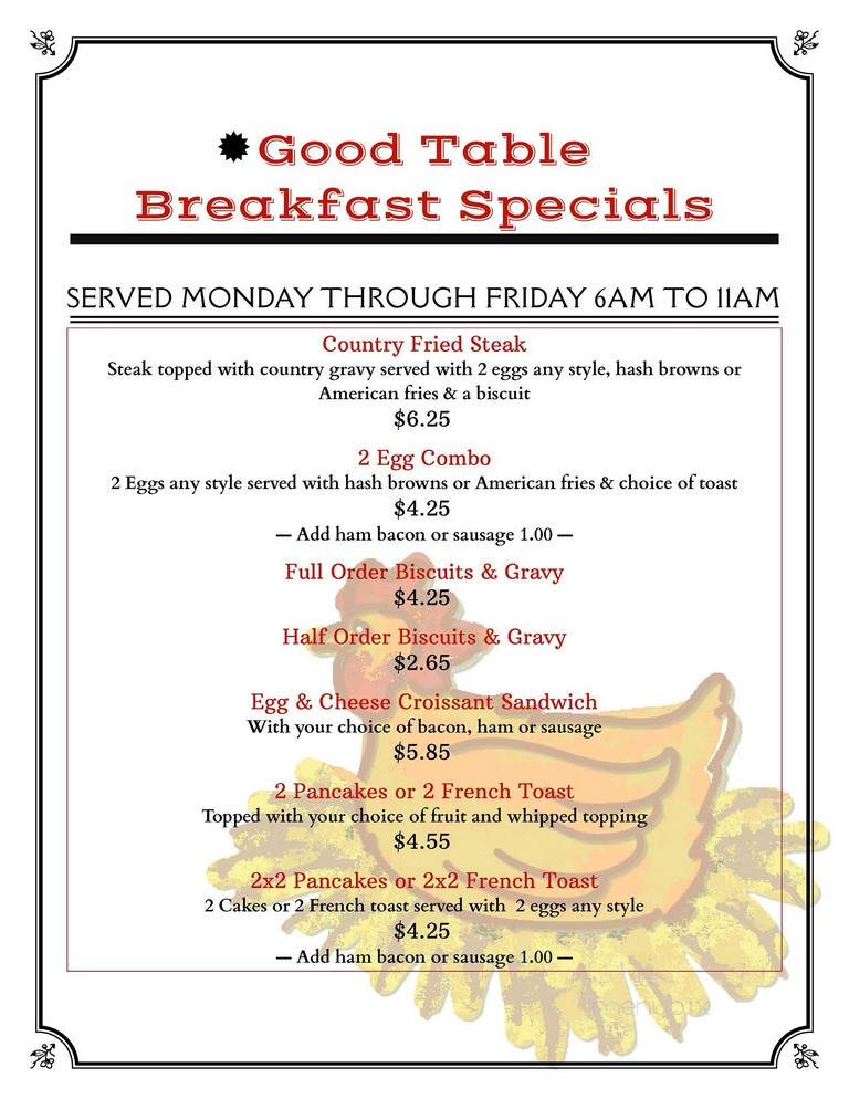 Good Table Family Restaurant - Kentland, IN menu_pic