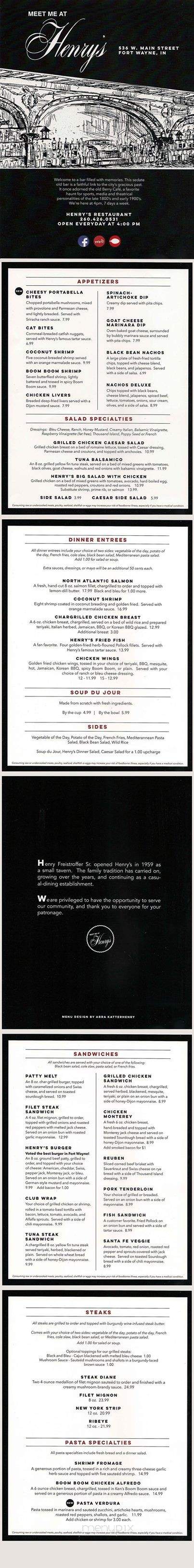 Henry's Restaurant - Fort Wayne, IN menu_pic