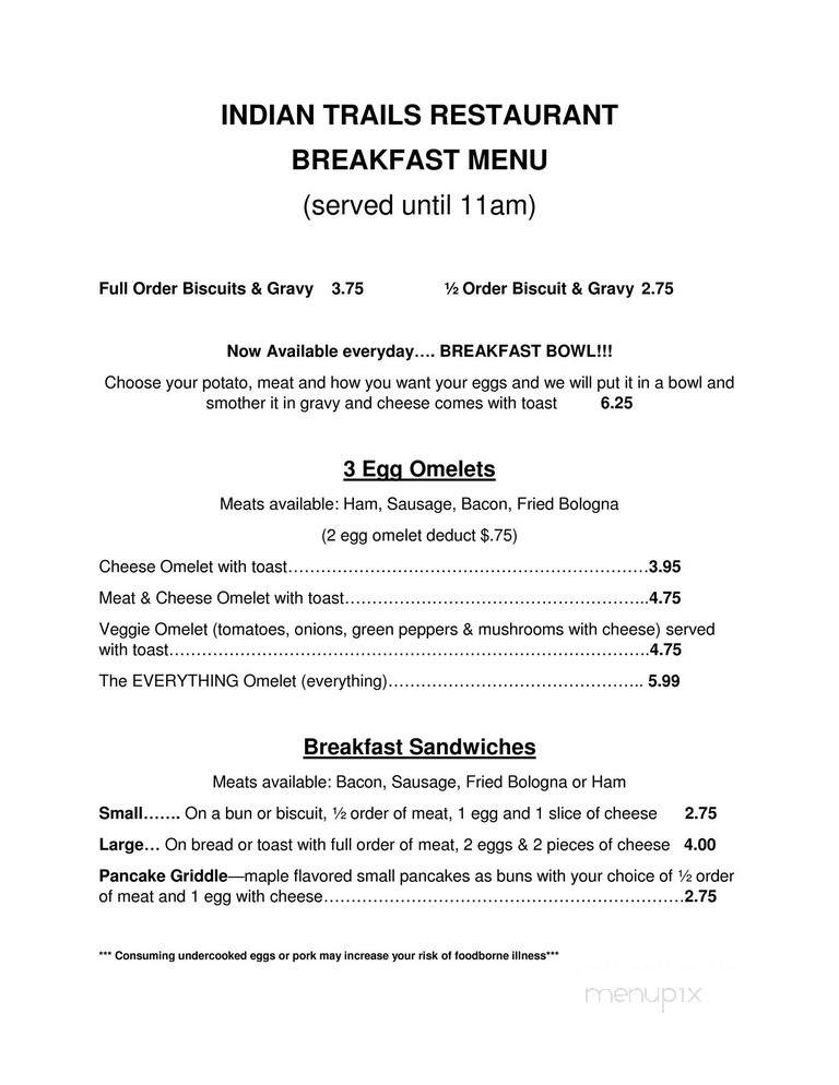 Indian Trails Restaurant - Canaan, IN menu_pic