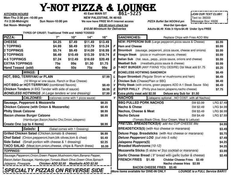 Y-Not Pizza - New Palestine, IN menu_pic