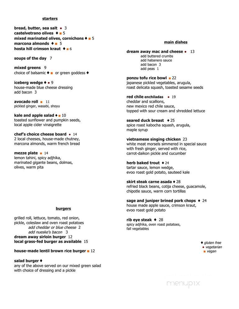 Dream Away Lodge - Becket, MA menu_pic