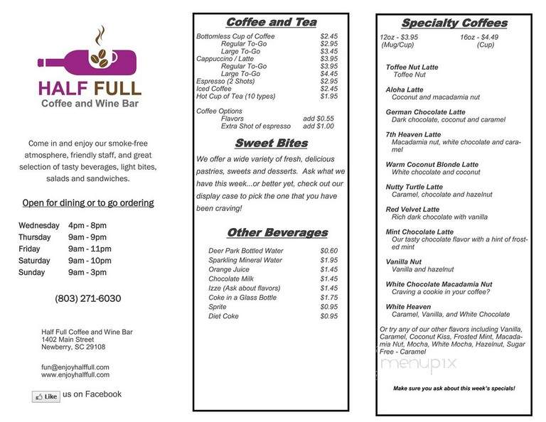 Half Full Coffee And Wine Bar - Newberry, SC menu_pic