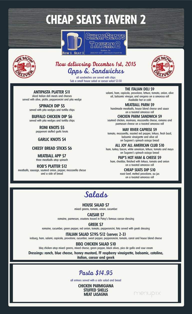 Cheap Seats Tavern 2 - Bluffton, SC menu_pic