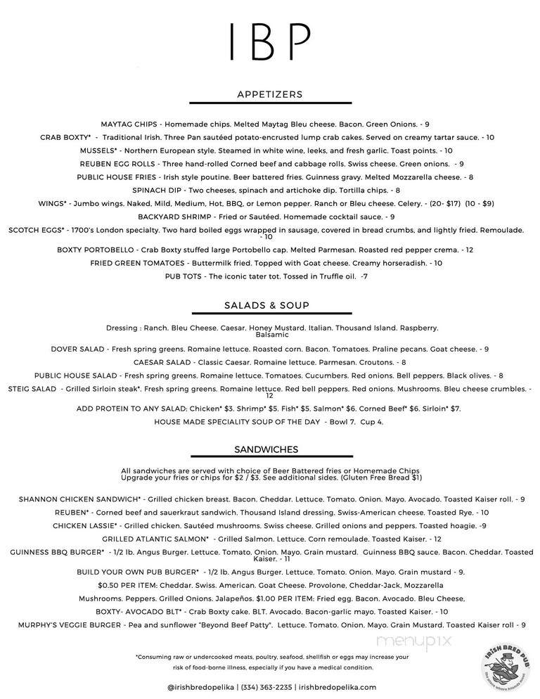 Irish Bred Pub - Opelika, AL menu_pic
