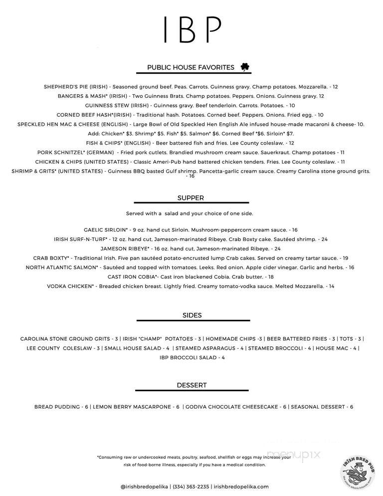 Irish Bred Pub - Opelika, AL menu_pic